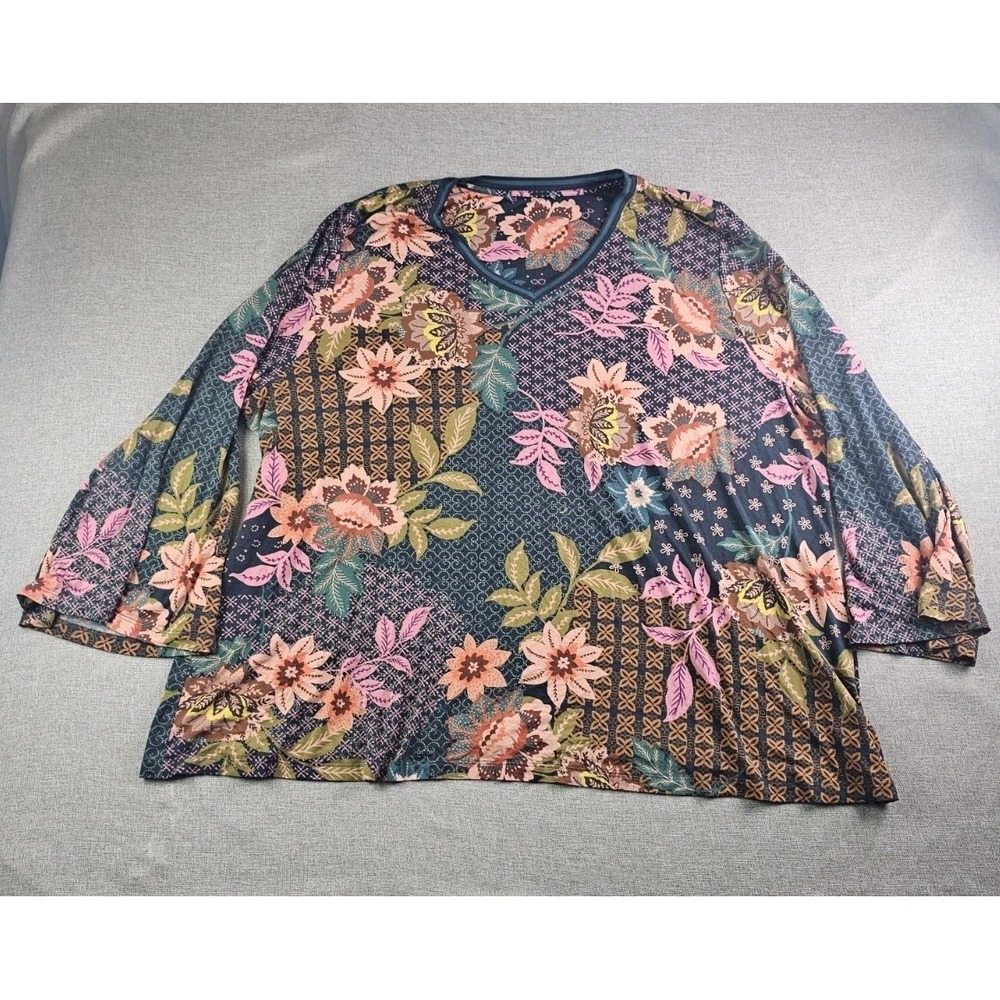 Johnny Was Delfino Floral T Shirt Top Womens 2X V Neck Long Sleeve Flare